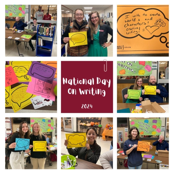 students holding their "Why I Write" signs