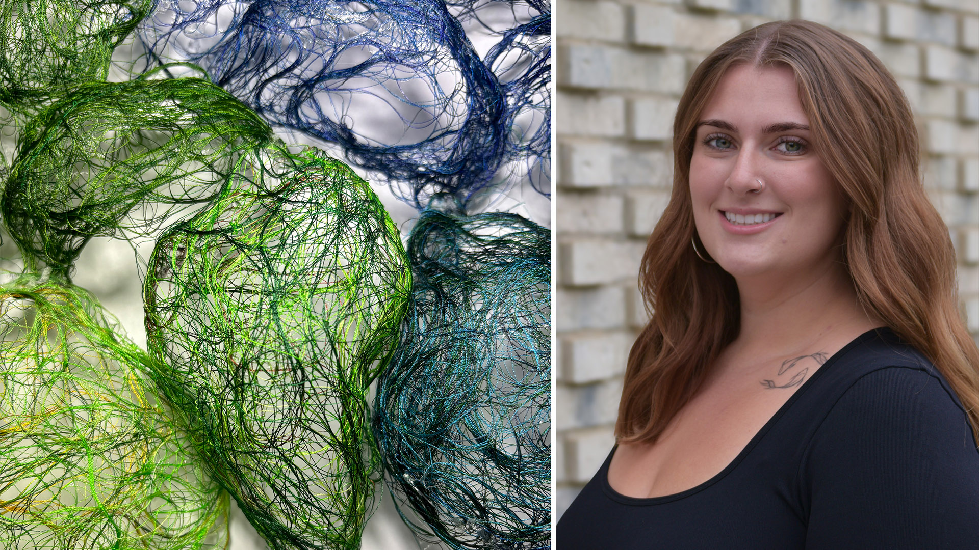 Mattilyn Nathan, wearing a black shirt, if pictured with a piece of colorful artwork from her senior show