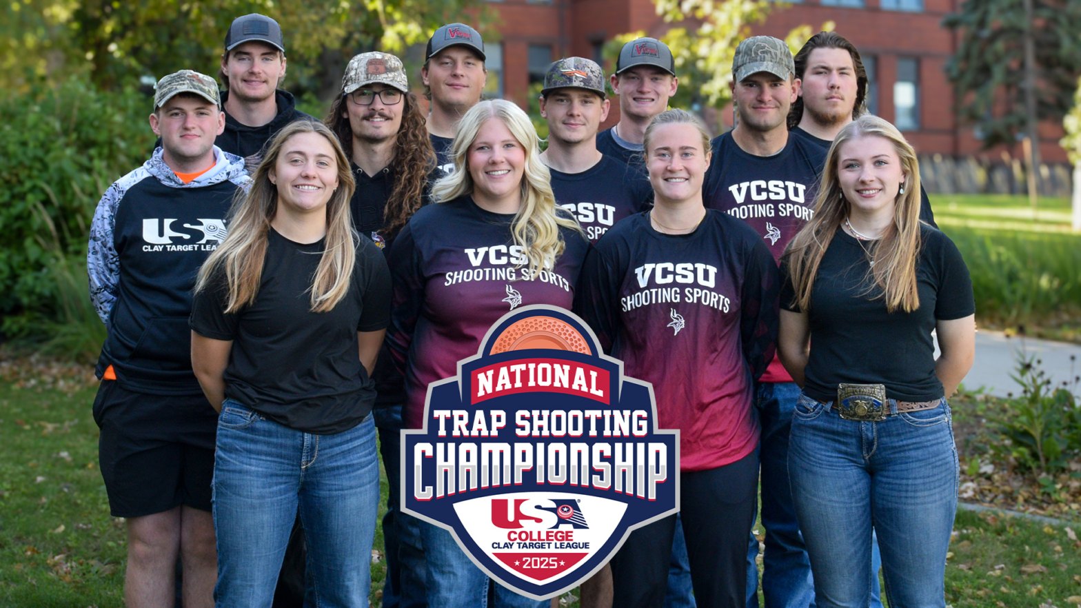 photo of full trap shooting team on VCSU lawn with National Trap Shooting Championship logo overlay