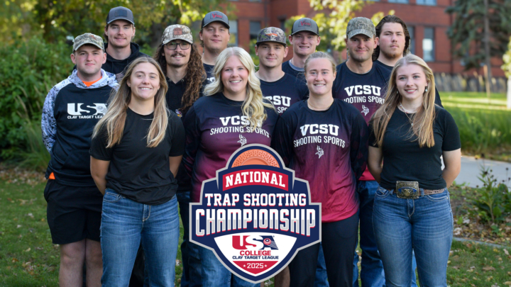 photo of full trap shooting team on VCSU lawn with National Trap Shooting Championship logo overlay
