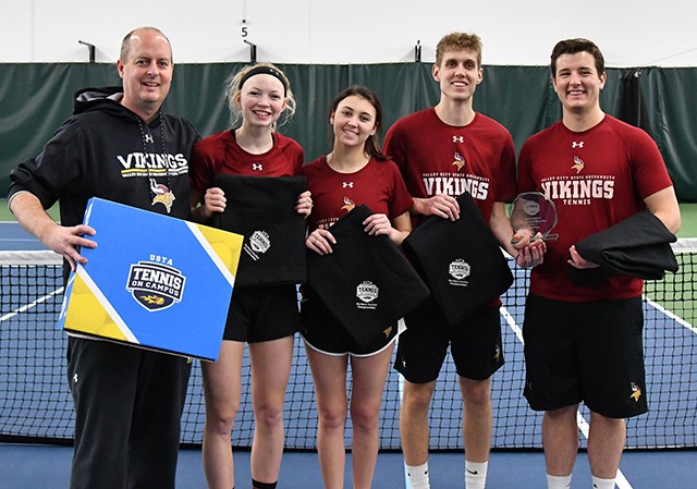 (l to r) Erik Kringlie (coach), Clarissa Olson, Caitlyn Hunter, Dalton Ondracek, Dustin Miller