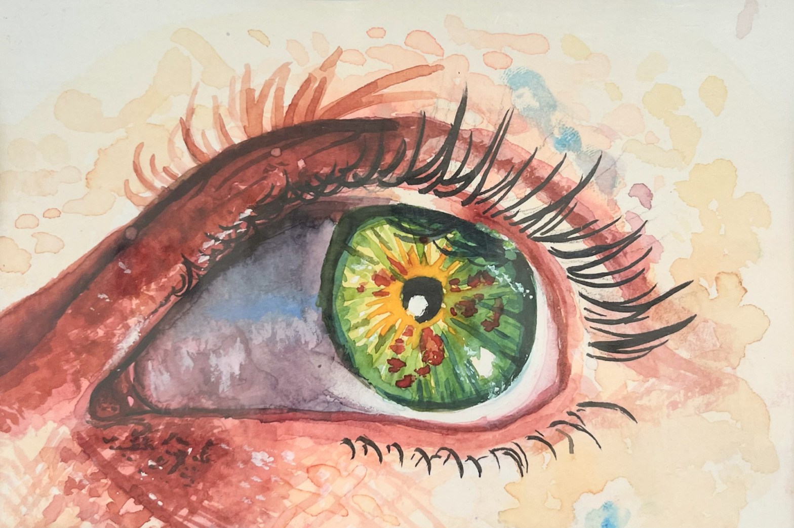 A close-up colorful painting of an eye, titled Life in Color.
