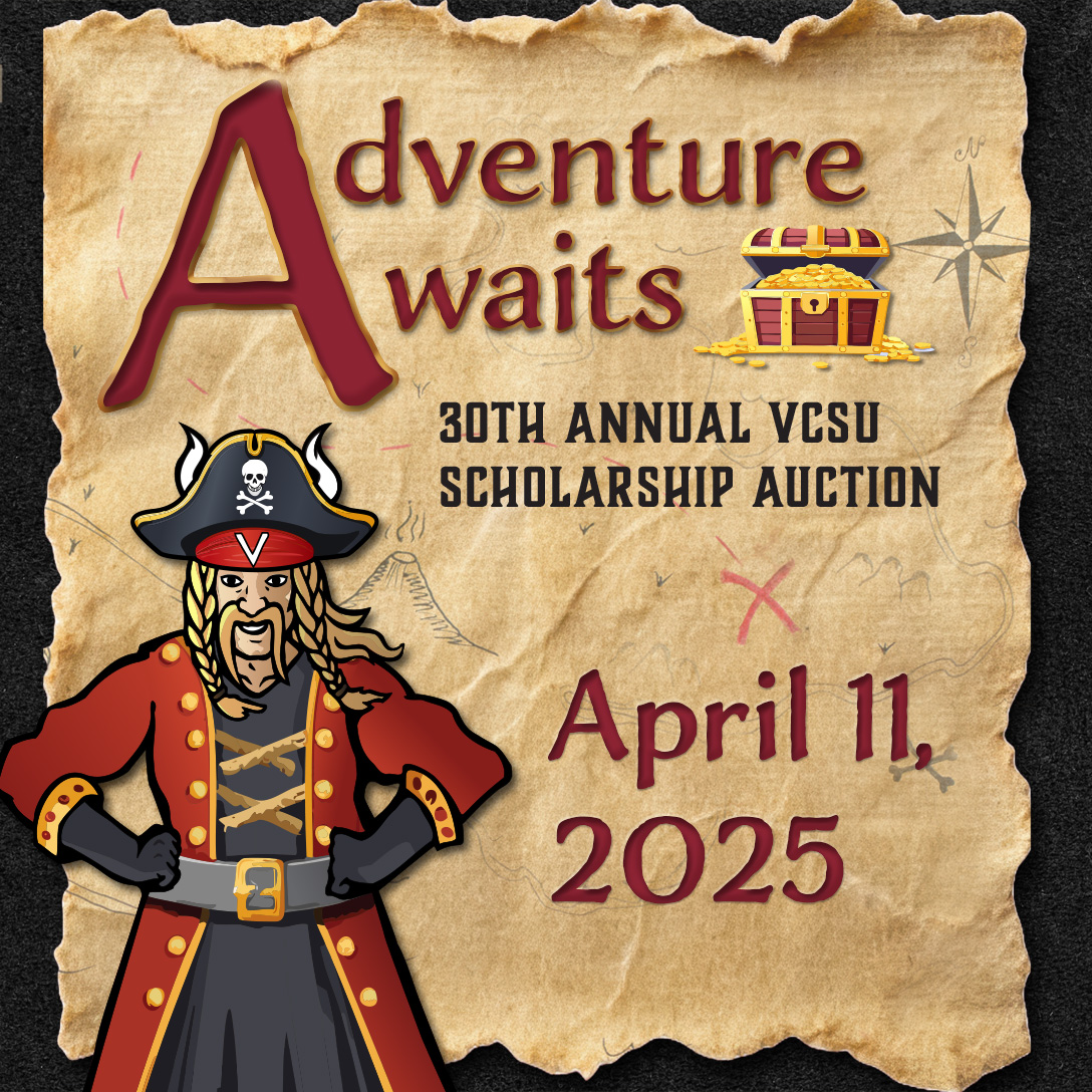 A cartoon pirate stand in front of a tan parchment paper map, promoting the VCSU Scholarship Auction