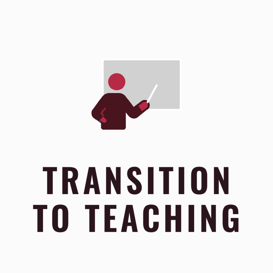 Transition to teaching text and an icon of a person teaching with a chalkboard