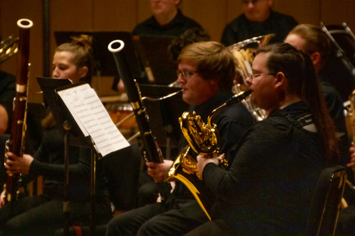 VCSU students play baritone saxophone and oboe during the Mid-Winter Instrumental Concert.