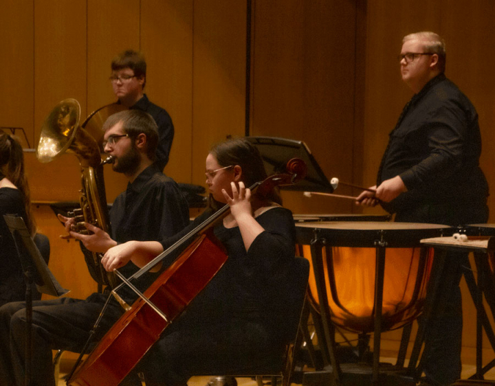 VCSU students play string instruments, percussion and brass instruments during the Mid-Winter Instrumental Concert.