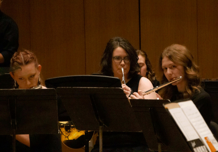 VCSU students play string woodwinds and brass instruments during the Mid-Winter Instrumental Concert.