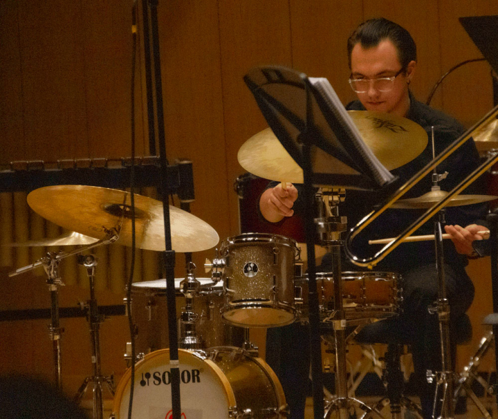 VCSU student Carter Gill plays drums as part of the Jazz Combo during the Mid-Winter Instrumental Concert.