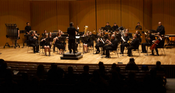 The VCSU Concert Band performs on stage during the first concert at the new Center for the Arts.