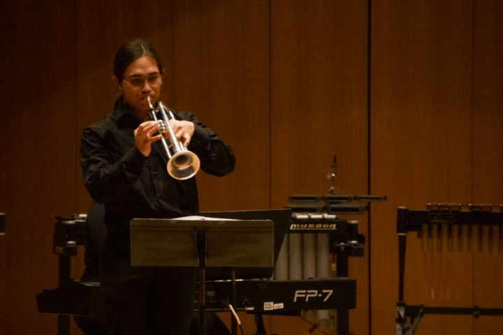 VCSU student Marco Kellogg plays the trumpet as part of the Jazz Combo during the Mid-Winter Instrumental Concert.