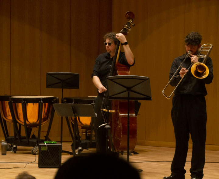 VCSU students Johnny Van Peursem and Seth Hoglund perform as part of the Jazz Combo during the Mid-Winter Instrumental Concert.