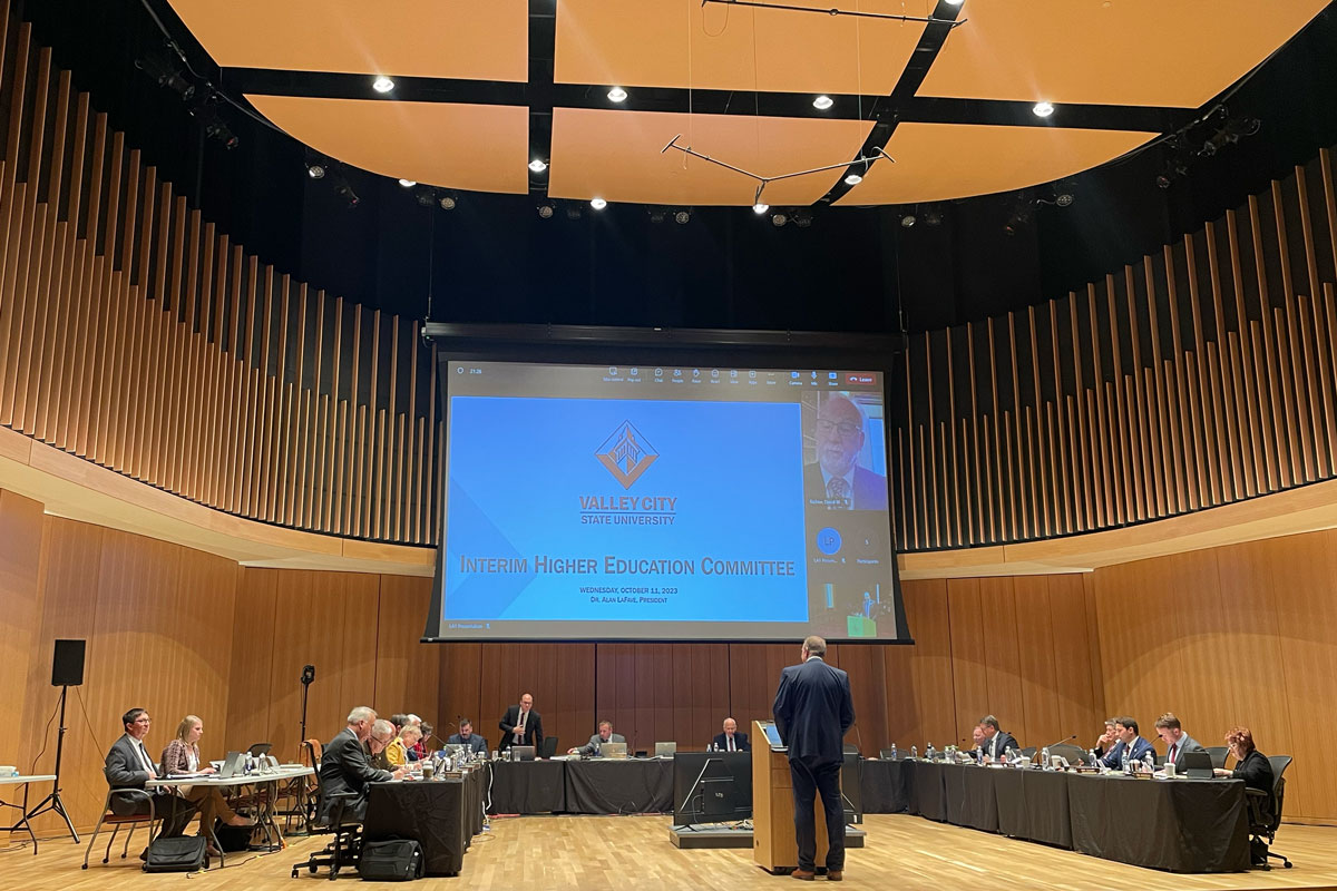 VCSU President Alan LaFave speaks to the Interim Higher Education Committee on Wednesday, Oct. 11.