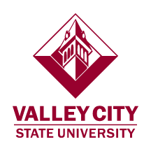 A cardinal version of the Valley City State University logo with the clocktower icon