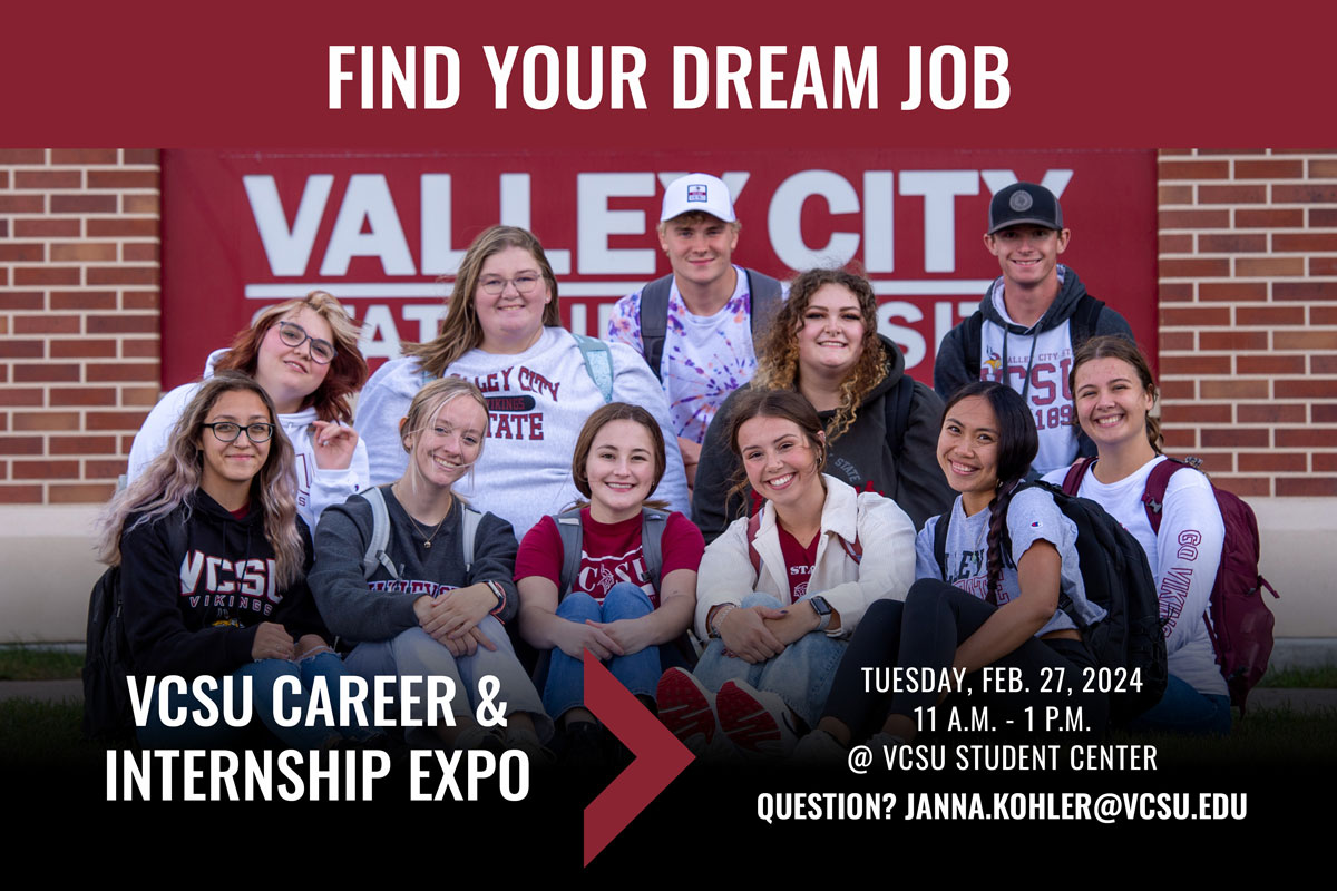 Students pose in front of the main VCSU campus sign with the text "Find your dream career" 