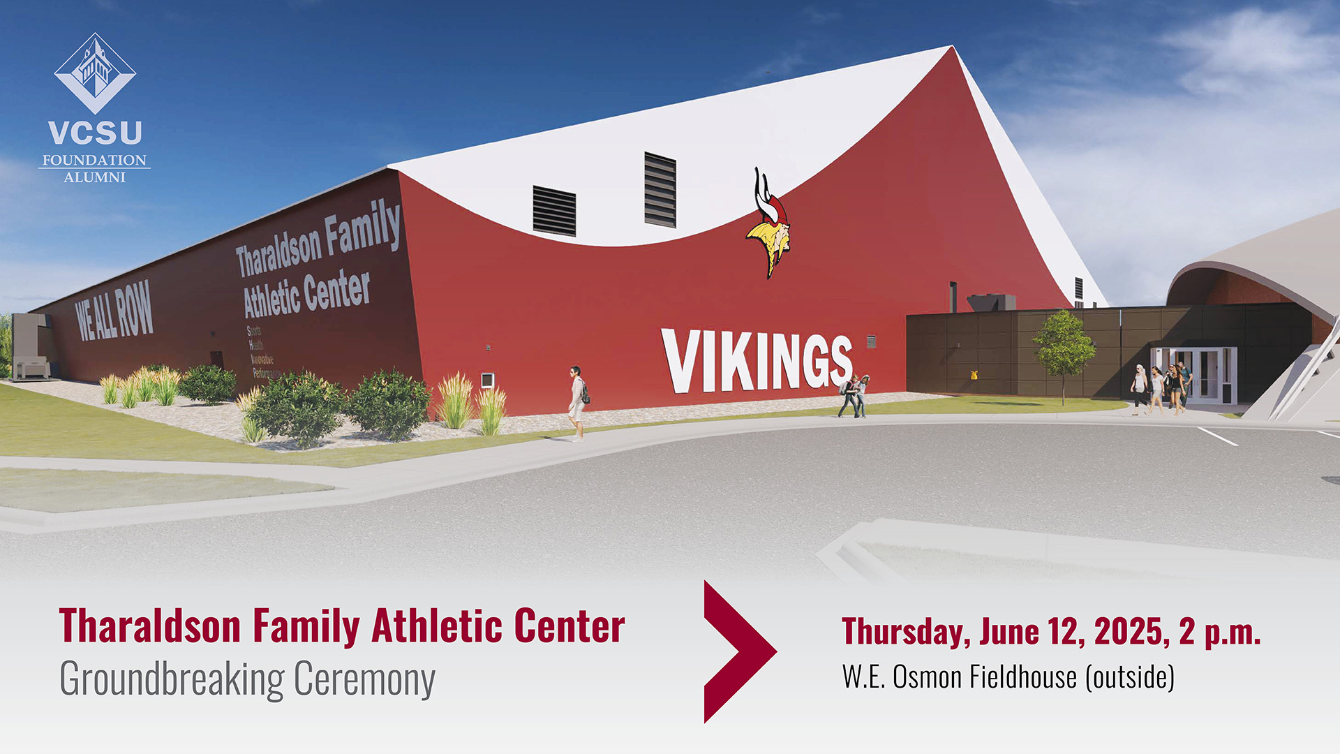 A rendering of the Tharaldson Family Athletic Center, featuring a color scheme of cardinal and white. Groundbreaking Ceremony: Thursday, June 12, 2 p.m.