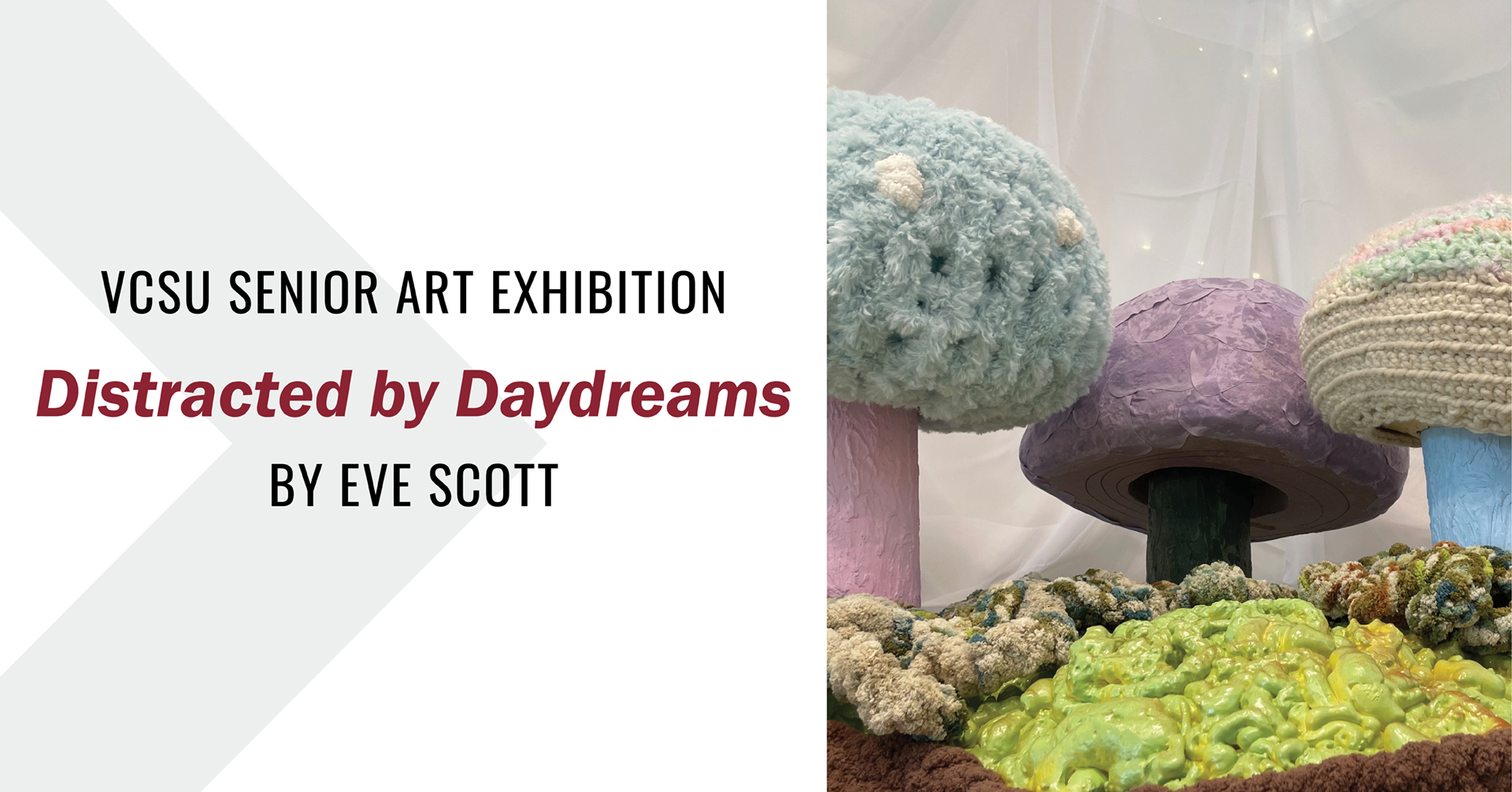 A photo of three large 3D mushrooms made out of various materials. Part of Eve Scott's senior capstone exhibit