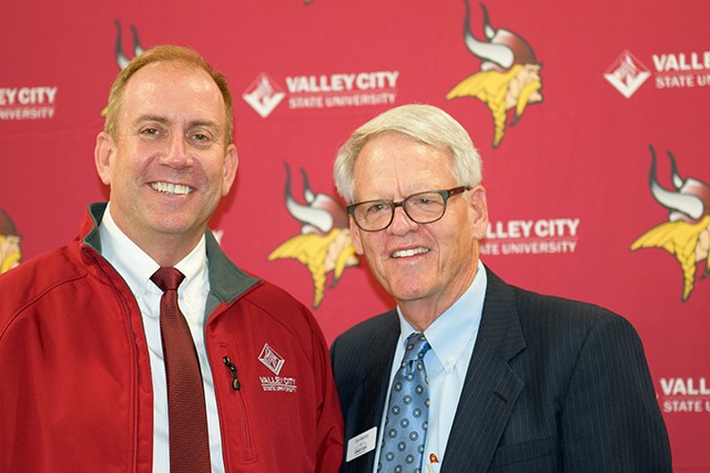 Alan LaFave, D.M.A., the next president of Valley City State University, is pictured with Don Morton (right), chair of the North Dakota State Board of Higher Education.