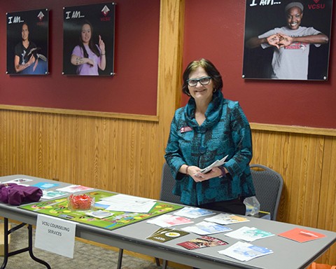 VCSU Counseling Services is one of the participants in the 2019 Wellness Fair. Pictured is Erin Klingenberg, Counseling Services director, at the 2018 fair.