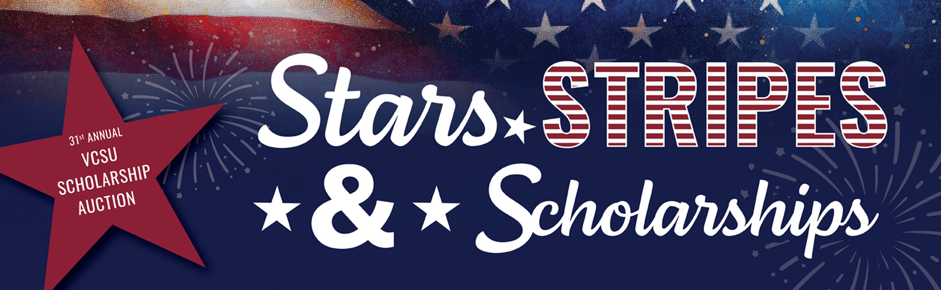 Graphical banner that says Stars, Stripes and Scholarships on a blue background with a faded American Flag