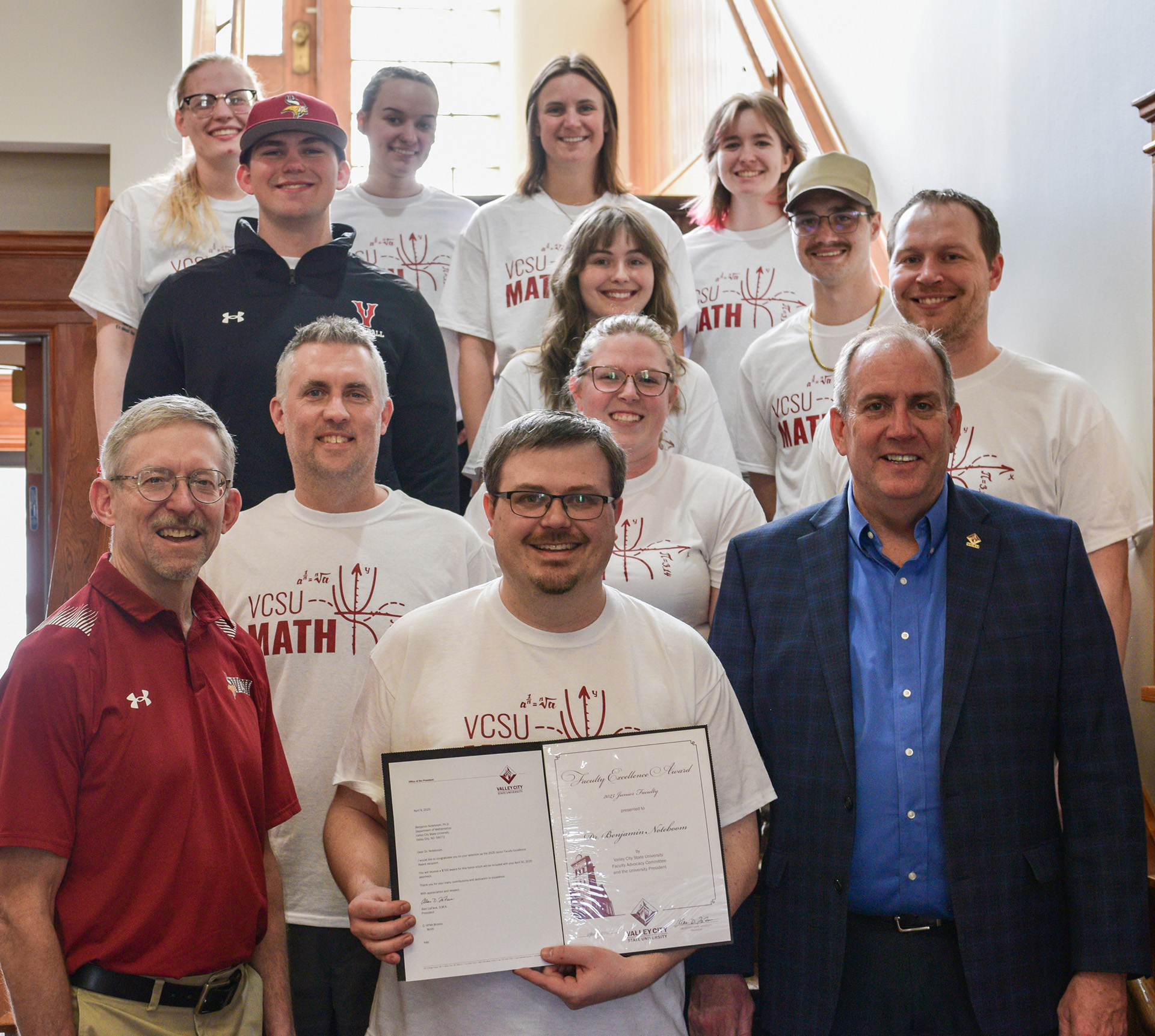 VCSU faculty Dr. Ben Noteboom is pictured with VCSU administrators along with faculty and students from the math department. 