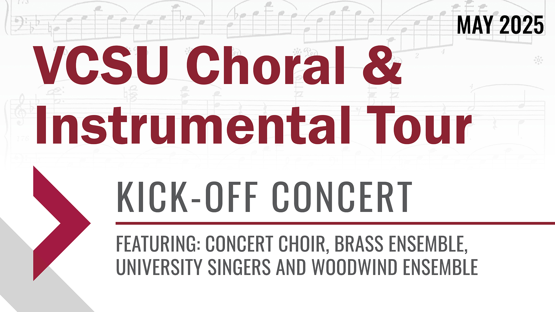 Graphic with text: VCSU Choral & Instrumental Tour Kick-Off Concert, May 2025