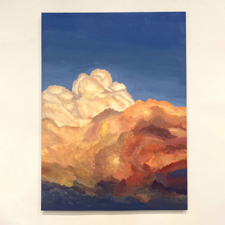 abstract painting that includes blue, whilte oranges, yellows and browns