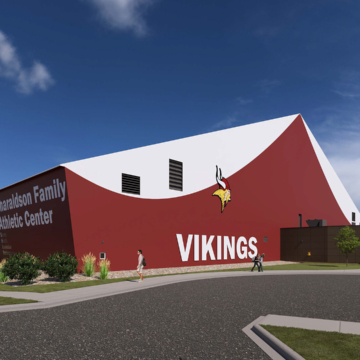 A rendering of the Tharaldson Family Athletic Center, featuring a color scheme of cardinal and white.