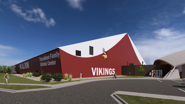 A rendering of the Tharaldson Family Athletic Center, featuring a color scheme of cardinal and white.
