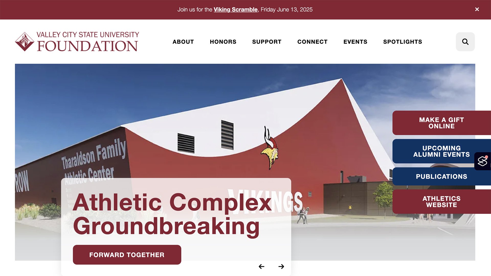 A screenshot from the new VCSU Foundation website, showing the top menu and the top story on the Athletic Complex Groundbreaking