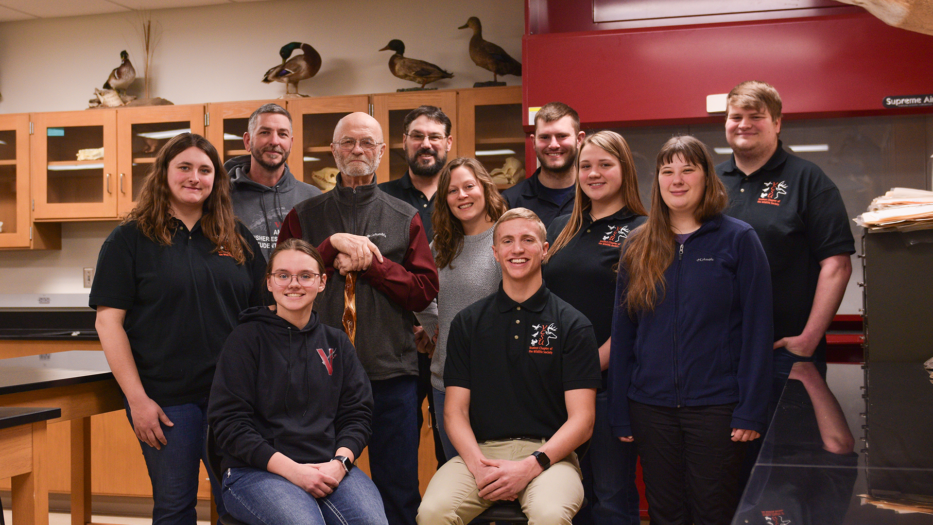 VCSU students and staff from the Fisheries and Wildlife program take a group photo with donor Dick Monson