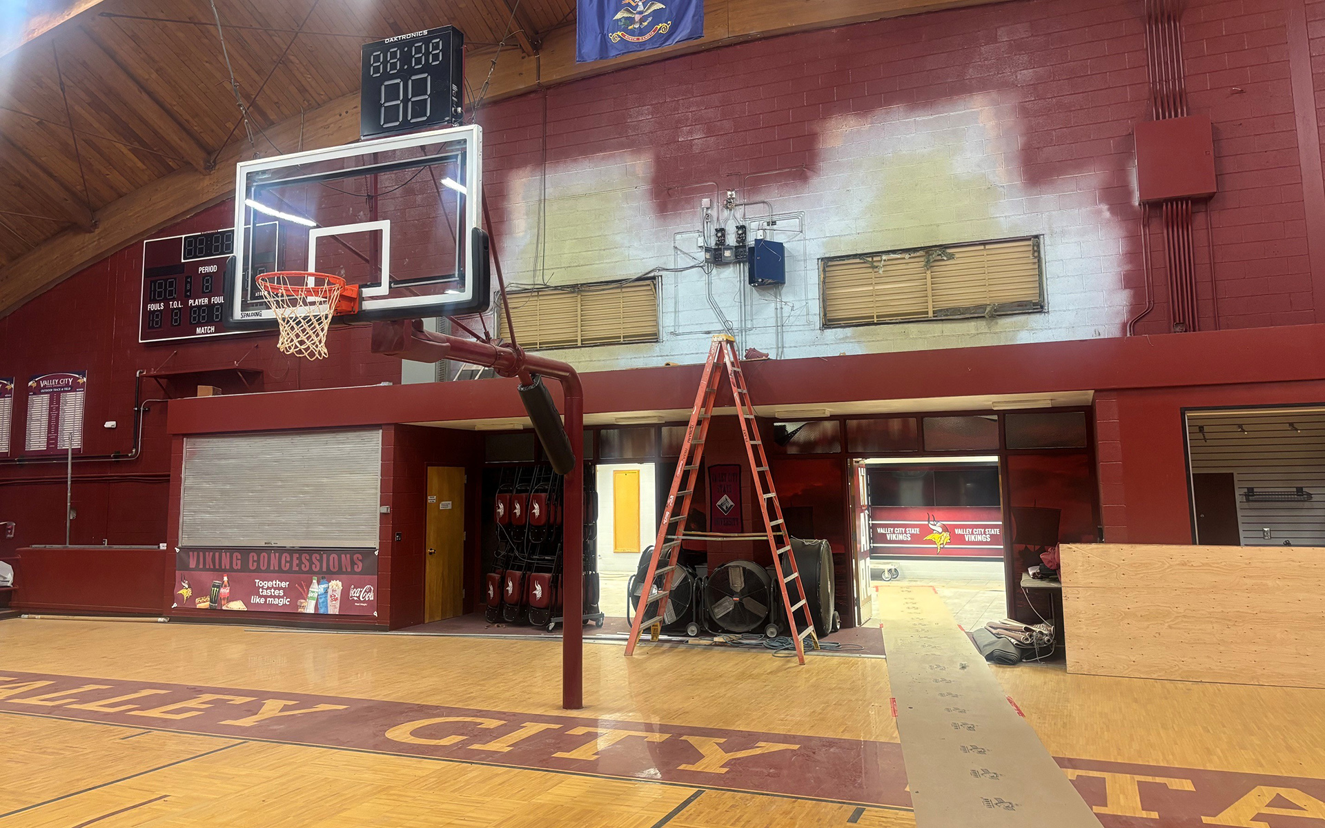 The north end of the VCSU basketball court is shown with the large mechanical systems removed behind the basket.