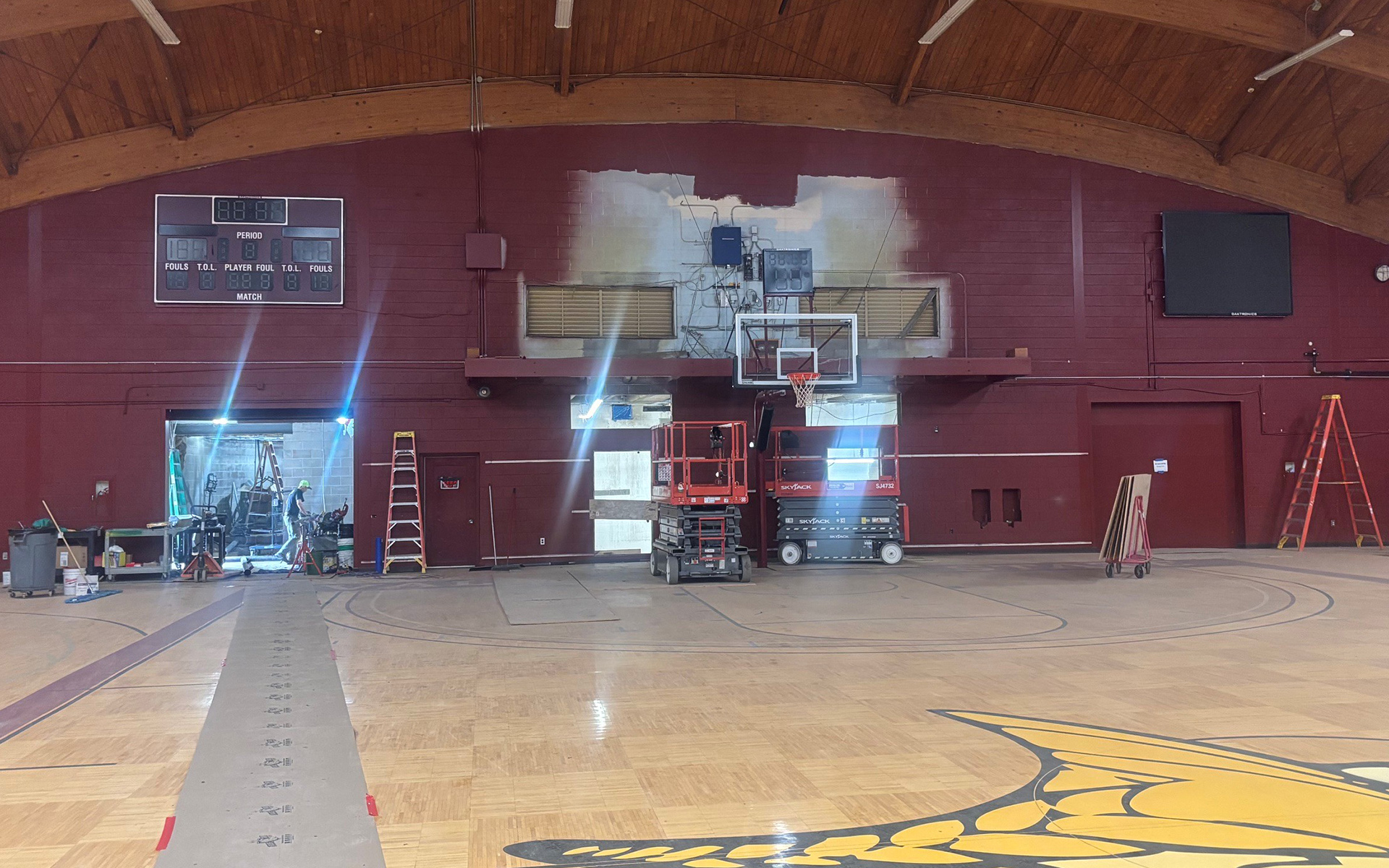 Lifts, ladders and other construction equipment are shown on the VCSU basketball floor as part of renovations at The Fieldhouse