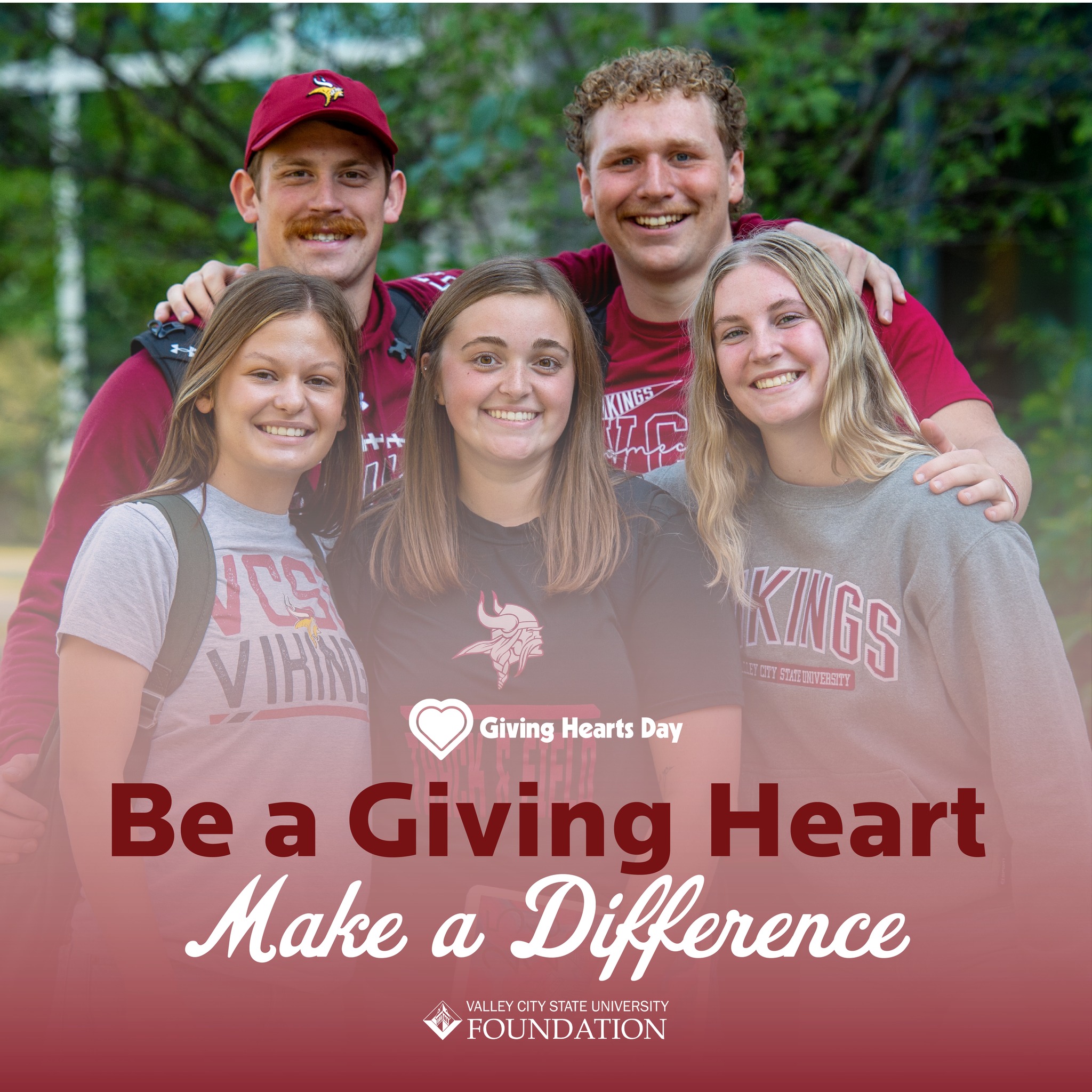 group of five students with decorative text about Giving Hearts Day