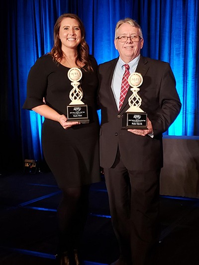 VCSU alumni Katie Hatt and Peder Gjovik are pictured with their awards at the ACTE CareerTech VISION 2018 national conference in San Antonio, Texas.