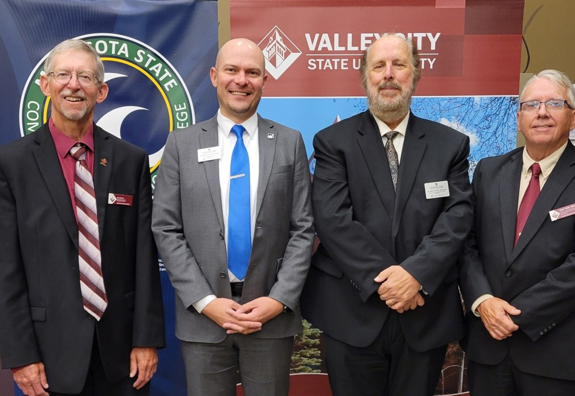 Larry Brooks and Dr. Matt Borcherding, along with Dr. Mark Bannatyne, Dean for the School of Applied Technology at M State, and Dr. Peder Gjovik, Director for the Don Mugan CTE Leadership Center at VCSU.