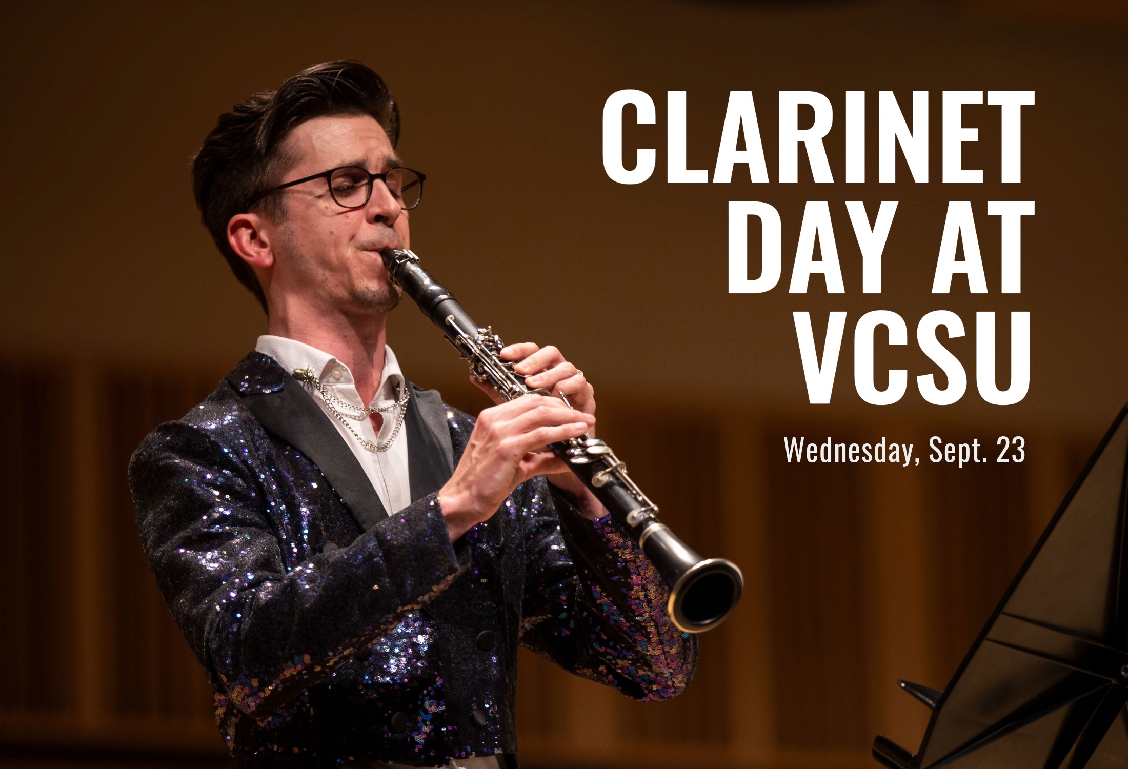 Christopher Mothersole plays the clarinet. Text that reads Clarinet Day at VCSU, Wednesday, Sept. 23