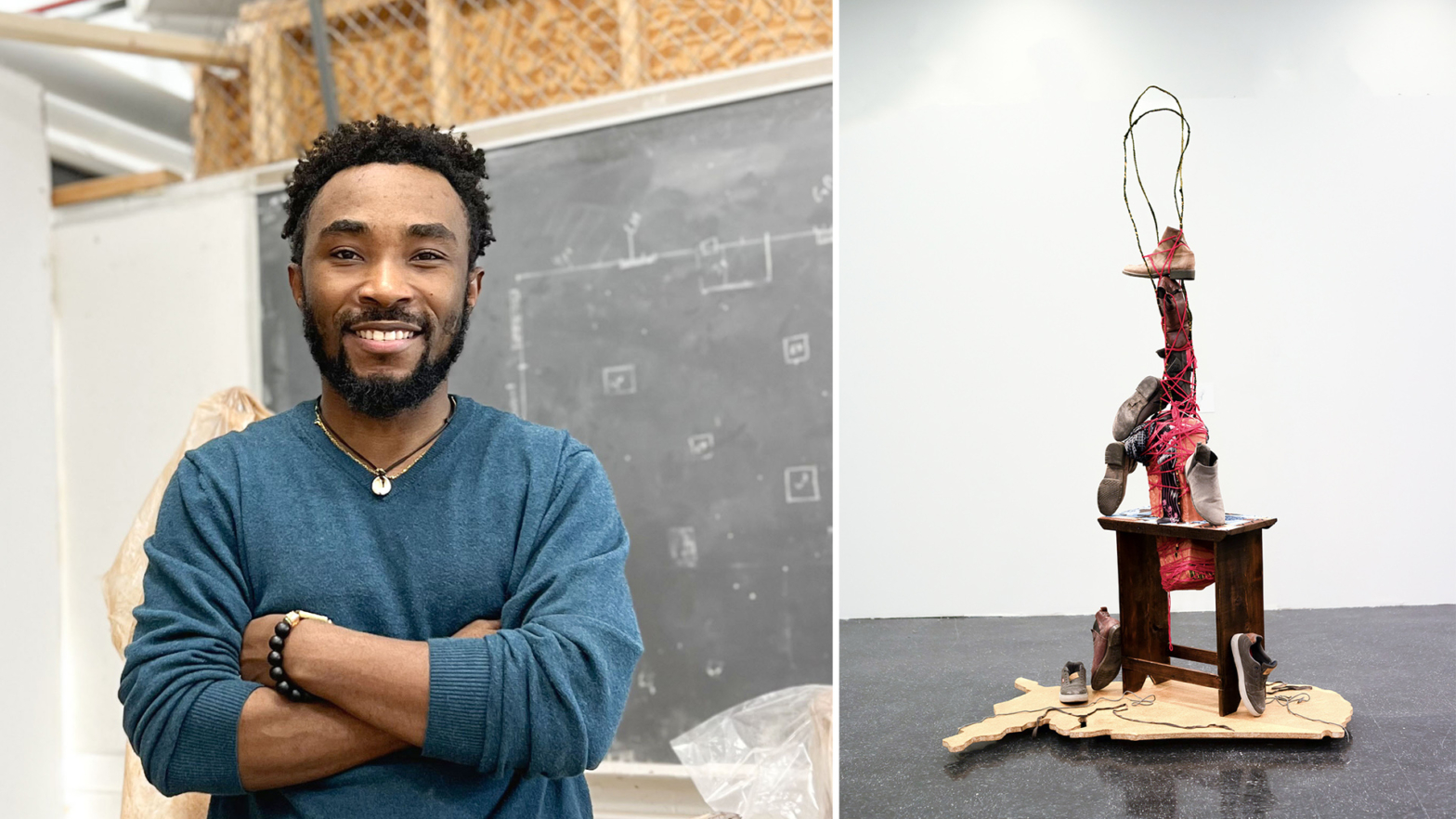 Eugene Ofori Agyei is pictured along with a sculpture from his exhibit opening Aug. 18 at the CFA Gallery.