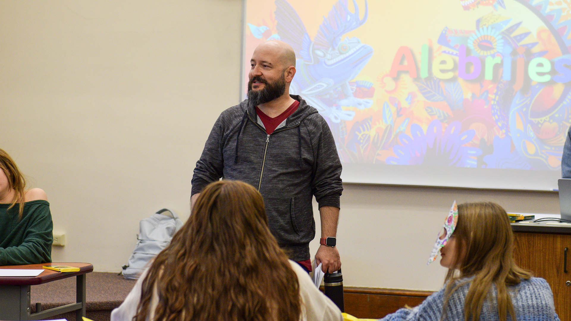 VCSU faculty Luis Betancur speaks to students during a Spanish Day activity held in 2025.