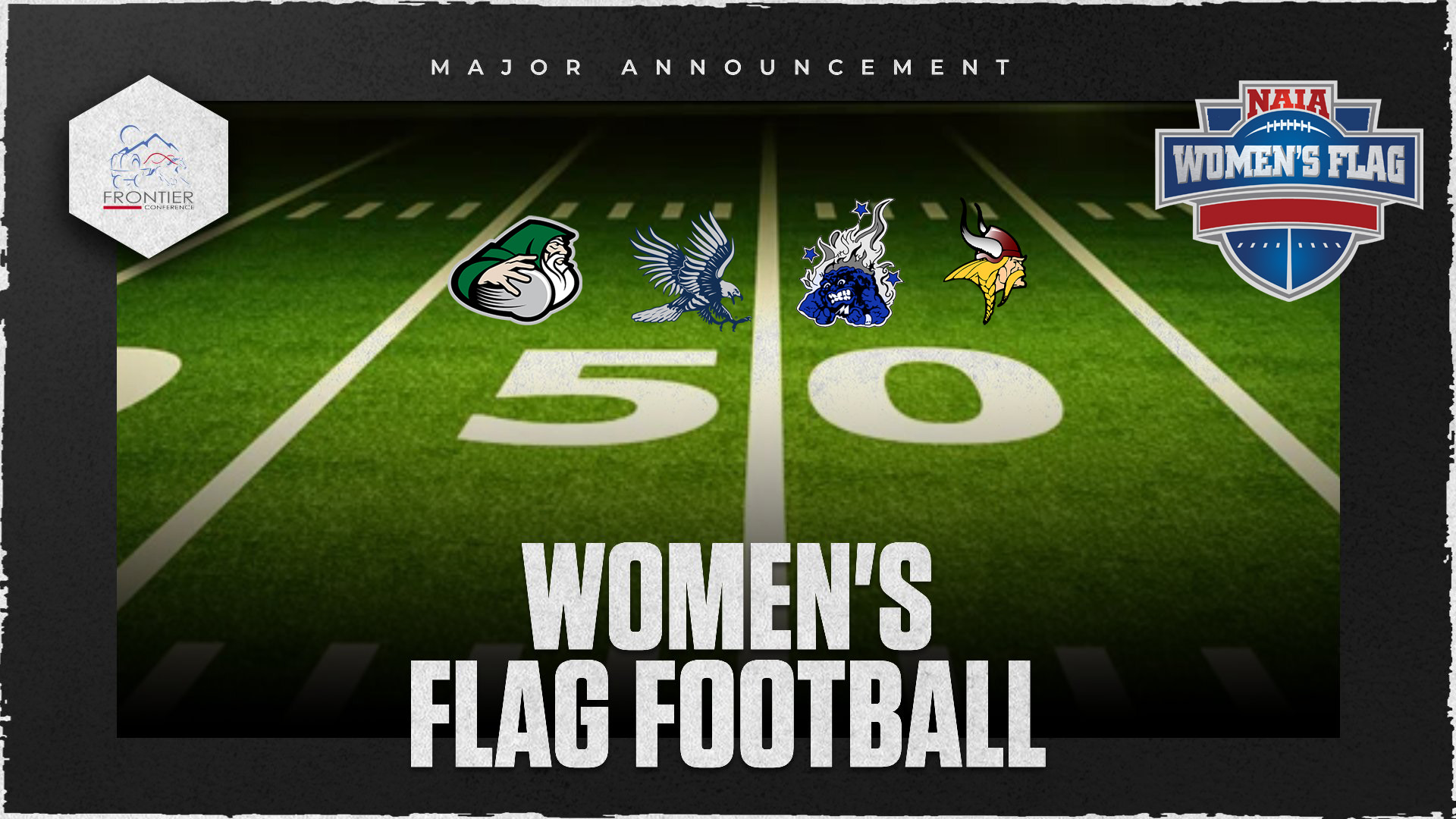 A graphic of a football field with campus athletic logos over the top