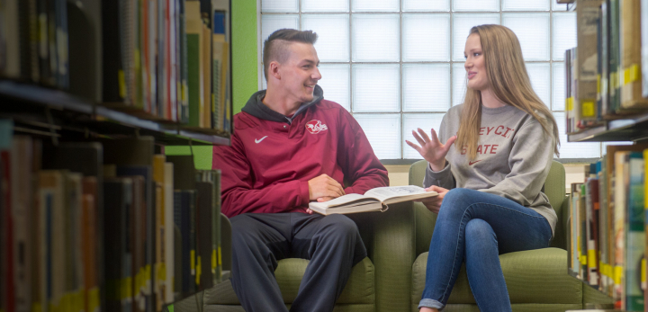 Two students discussing academics at the Allen Memorial Library