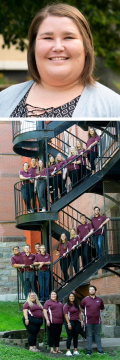 Two pictures in a column; first; headshot of a woman, Erin; second; people lining a spiral staircase for the Residence Life staff photo