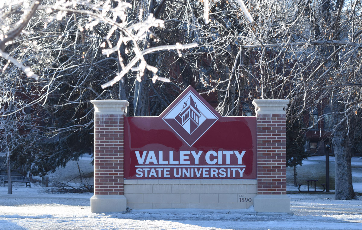Ice covers the main VCSU campus sign. 