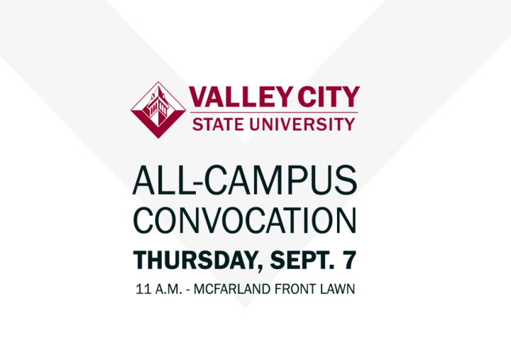 The VCSU logo with text All Campus Convocation, Thursday, Sept. 7 at 11 a.m. on the mcFarland Front Lawn