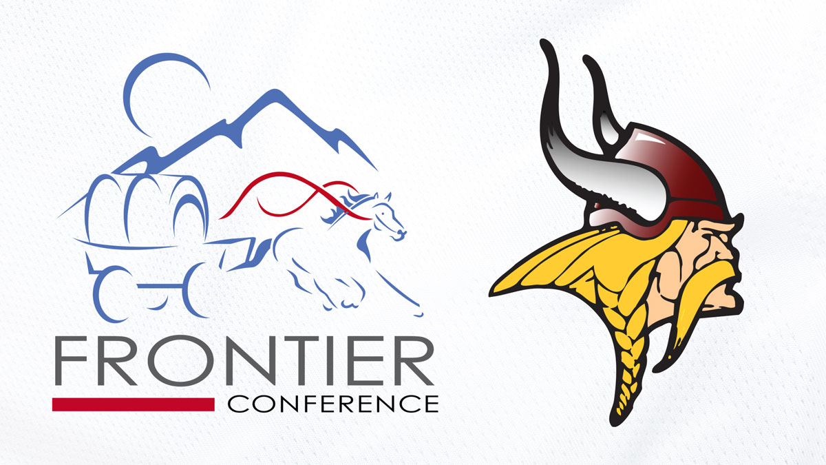 A picture of the frontier conference logo with mountains and a horse and the viking head logo. 
