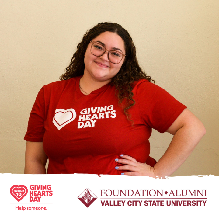 Photo of female student with Giving Hearts Day logo