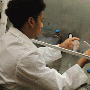 A VCSU student works with liquids in the toxicology lab.