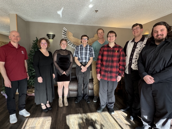 Recital participants. From left: Dr. Ozzie Johnson, Celia Larsen, Danielle McCoy, Wyatt Landeis, Kyle Gader, Narve Ueland, Harrison Wentz, Seth Hoglund