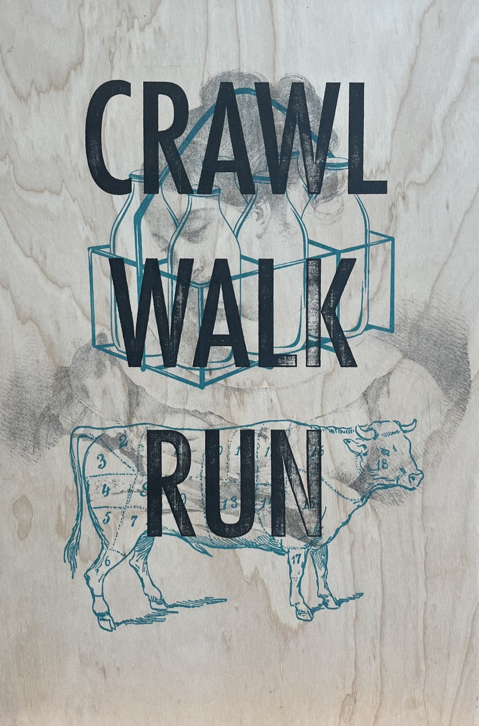 Crawl, walk, run words written over image of woman, cow and milk jugs