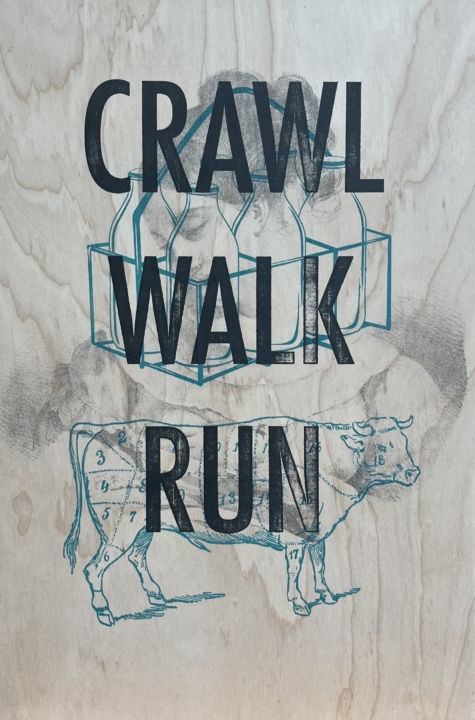 Crawl, walk, run words written over image of woman, cow and milk jugs