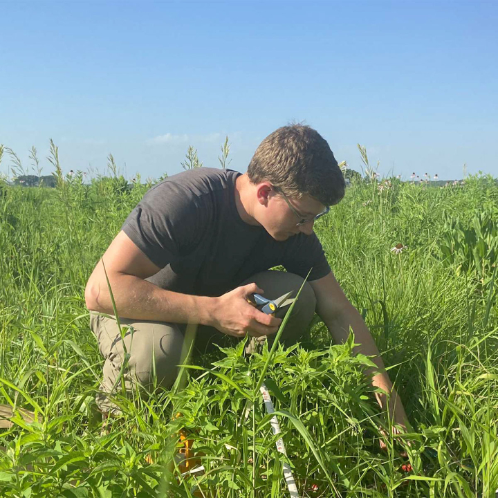 Jacob crouched amongst grass, sampling soil.